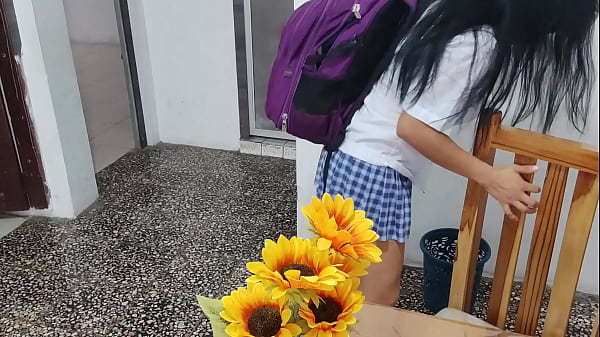 A fake student in a sexy short skirt masturbates at home with a dildo. Her tits look inflated.